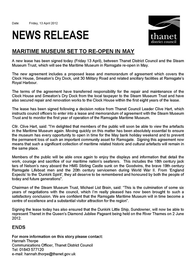 Thanet District Council Press Release regarding the Museum lease signing